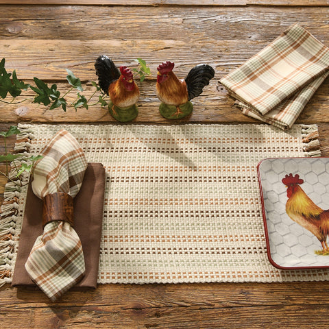 Toffee & Elm Yarn Basketweave Placemats Set of 4 table setting with Rooster Day salt and pepper shakers and plate on a wooden table