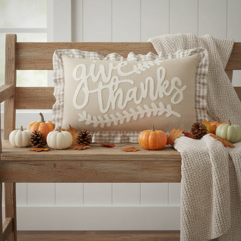 Graycie Give Thanks Fall Accent Pillow 22x14 styled in a cozy farmhouse room setting with neutral tones and fall decor accents