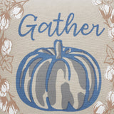 Ashlynn Gather Pumpkin Pillow close-up of blue pumpkin and cursive Gather text on khaki cotton chambray with cotton sprig border