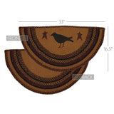 Heirloom Farm Primitive Crow Half Circle Rug size diagram showing 33 inch width and 16.5 inch depth with front and back views