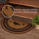 Heirloom Farm Primitive Crow Half Circle Rug close-up callout showing tightly woven braids with stenciled crow and primitive stars
