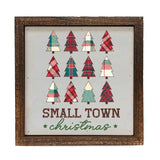 6x6 Small Town Christmas wood sign with 12 plaid Christmas trees in red, green, and cream in a rustic dark brown wood box frame, white background