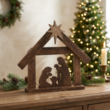 A Savior is Born Dark Wooden Nativity Scene in a Christmas setting