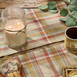 Table setting with Spiceberry plaid placemats and table runner, mug, Artisan Clear Bubble Glass Hurricane Hand-Poured Soy Scented Candle, and decorative coaster on a wooden table.