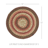 Autumn Blaze Braided Trivet 15" Set of 3 Round jute trivet with concentric circles and dimensions on a white background