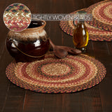 Autumn Blaze Braided Trivet 15" Set of 3 Round braided placemat on a wooden surface with a close-up of braids and text 'Tightly Woven Braids'. 