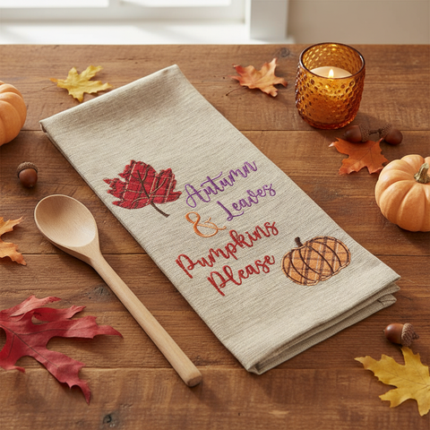 Square fall lifestyle image of the September Leaves Dishtowel on a wood table