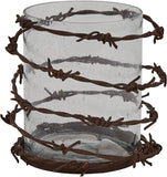 Barbed Wire Rustic Pillar Candle Holder wrapped with dark brown metal barbed wire, shown against a plain white background.