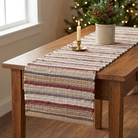 Barnwood Chindi Table Runner in a square farmhouse Christmas setting
