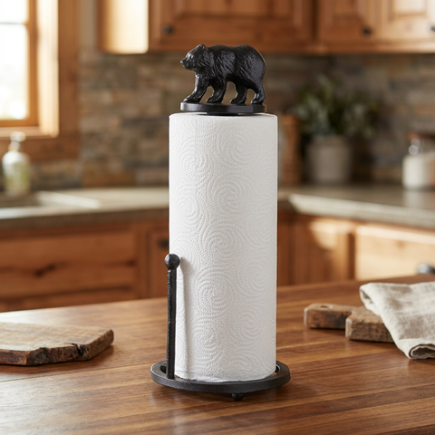 Black Bear Paper Towel Holder in a rustic cabin kitchen