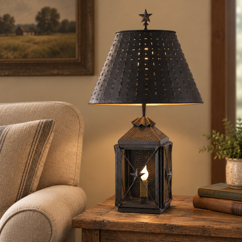 Black Star Lantern Lamp with Black Metal Shade in a country living room