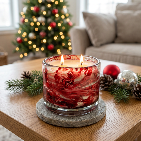 Wind Red Blown Glass Tumbler Candle in a Christmas setting