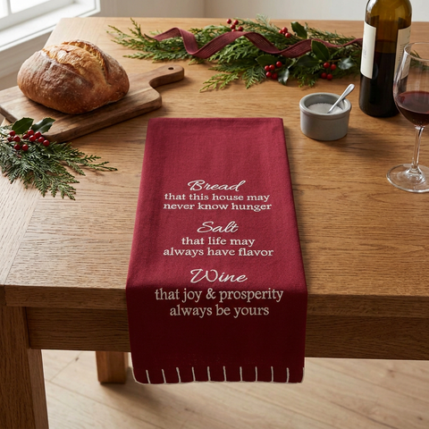 Bread Salt & Wine Dishtowel with the center wrinkle smoothed