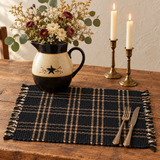 Bridgeton Black Chindi Placemat with Blackberry Pitcher, florals, and candles