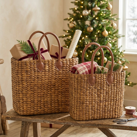Brinkley Rattan Leather Handle Totes in a Christmas gift-wrapping setting