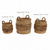 Brinkley Rattan Round Baskets Set of 3 — front view on white background showing all three graduated sizes with loop handles and dimensions