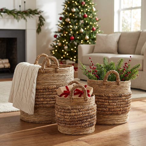Brinkley Rattan Round Baskets in a square Christmas lifestyle scene