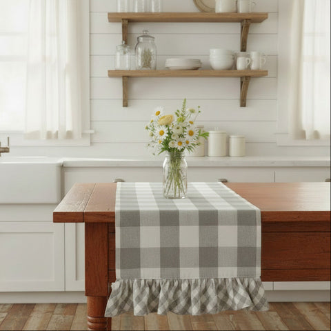 Buffalo Grey Check Ruffled Table Runner-Lange General Store
