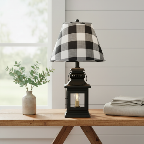 Black lantern lamp with black, tan, cream, and white buffalo-check shade