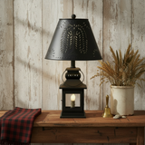 Primitive country lamp with farmhouse black-and-burgundy textile