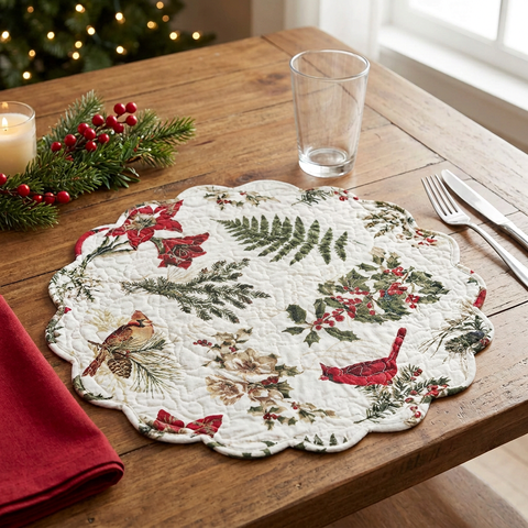 Cardinal Quilted Placemat Christmas scene without a plate