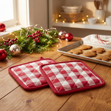 Cherry Ann Check Pot Holder Set of 2 in a Christmas kitchen setting