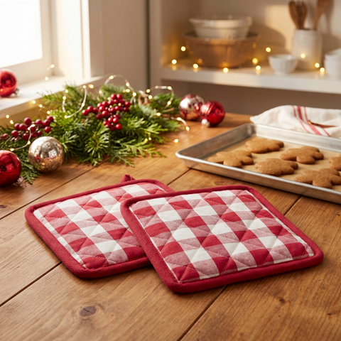 Cherry Ann Check Pot Holder Set of 2 in a Christmas kitchen setting
