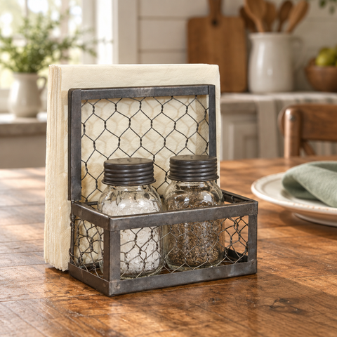 Chicken Wire Salt Pepper Napkin Holder in a farmhouse table setting