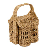 Cinthia Hyacinth Wine Basket Caddy with three compartments and arched carry handle, natural tan woven water hyacinth, white background