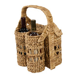 Cinthia Hyacinth Wine Basket Caddy holding two red wine bottles in woven compartments, natural tan hyacinth weave with arched carry handle, white background