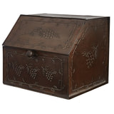 Copper Pine Bread Box crafted from antiqued copper tinderbox brown metal with embossed pinecone motifs shown on a white background