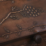 Copper Pine Bread Box crafted from antiqued copper tinderbox brown metal with embossed pinecone motifs closeup