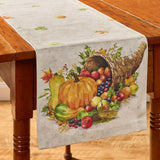 Cornucopia Fall Table Runner 54" with autumn-themed design featuring a cornucopia, pumpkins, and fruits on a wooden table.
