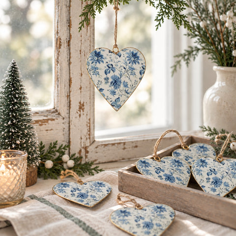Cottage Blue Floral Metal Ornament Set of 6