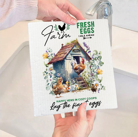 Country Farm Chicken Coop Swedish Dish Cloth-Lange General Store