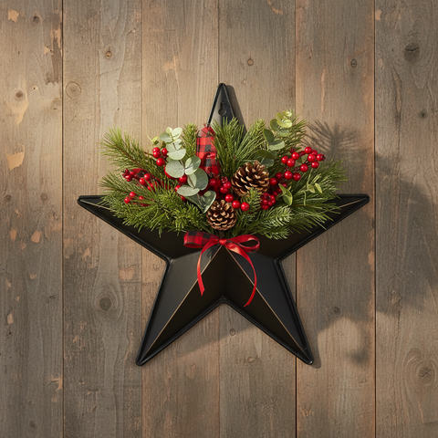 Faceted metal star wall hanging with Christmas pine, berries, and pinecones