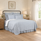 Farmstead Blue Ticking Stripe Quilt Coverlet in a refreshed farmhouse bedroom