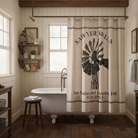 Farmstead Charcoal Windmill Shower Curtain-Lange General Store