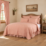 Farmstead Red and Tan Ticking Stripe Quilt Coverlet in a farmhouse bedroom