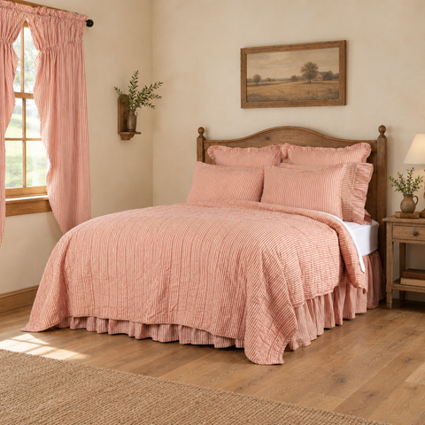 Farmstead Red and Tan Ticking Stripe Quilt Coverlet in a farmhouse bedroom