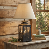 Forest Tops lamp with Classic Wheat shade in a rustic cabin