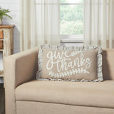 Graycie Give Thanks Fall Accent Pillow 22x14 lumbar on a cream sofa with grey buffalo check ruffle border and Give Thanks appliqué