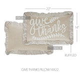 Graycie Give Thanks Pillow 22x14 size diagram showing front and back views with ruffled grey and cream buffalo check border labeled