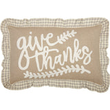 Graycie Give Thanks Fall Accent Pillow 22x14 front view on white background showing full Give Thanks appliqué and grey cream buffalo check ruffle