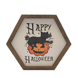 8x7 Happy Halloween hexagon wood sign with black cat sitting on a jack-o-lantern, fall leaf accents, and spooky lettering in a rustic brown wood frame, white background
