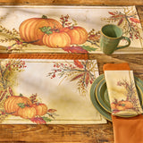 Harvest Dance Fall Table Runner 36" on a wood table with green dinnerware