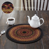 Heirloom Farm Braided Trivet 15" on dark wood table with white teapot and coffee cup, tightly woven braids callout inset highlighting jute blend construction