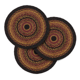 Heirloom Farm Braided Trivet 15" Set of 3 shown together on white background displaying all three round jute trivets in mustard tan, burgundy, and raven black