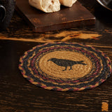 Heirloom Farm Crow Braided Trivet 8" Set of 3 on a dark wood table