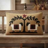 Exact Heirloom Farm Sheep Hooked Pillow on a farmhouse bench